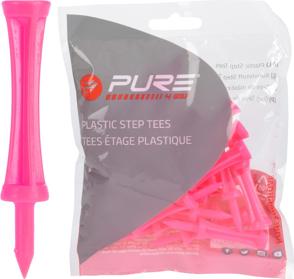 25 Tees étage Plastique Rose 53mm PURE 2 IMPROVE - Horslimits - balles de golf
